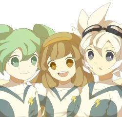 Rule 34 | 10s, 1girl, 2boys, brown eyes, brown hair, earth eleven, fei rune, goggles, goggles on head, green eyes, green hair, inazuma eleven (series), inazuma eleven go, inazuma eleven go chrono stone, inazuma eleven go galaxy, lightning bolt symbol, long hair, looking at viewer, mikoto (cotot), multiple boys, nanobana kinako, open mouth, saryuu evan, simple background, soccer uniform, sportswear, upper body, white background, white hair