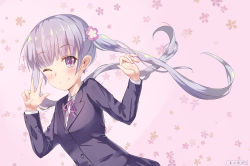 Rule 34 | 1girl, ;), aoi shiori, blush, flower, formal, hair flower, hair ornament, hands up, long hair, looking at viewer, new game!, one eye closed, pink background, purple eyes, purple hair, smile, solo, suit, suzukaze aoba, twintails, very long hair