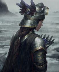 Rule 34 | 1girl, absurdres, armor, black cape, blue rose, brown hair, cape, closed mouth, day, closed eyes, flower, foam, from behind, full armor, gauntlets, guweiz, hat feather, helmet, highres, holding, holding flower, long hair, low ponytail, ocean, original, outdoors, plate armor, ponytail, rain, rose, shoulder armor, solo, pauldrons, upper body, visor (armor), water
