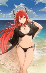 1girl arknights beach bikini black_bikini bracelet cross cross_necklace demon_horns earrings floral_print hair_intakes halterneck highres horns huinjebi jewelry long_hair navel necklace purple_eyes red_hair side-tie_bikini_bottom solo string_bikini surtr_(arknights) swimsuit very_long_hair