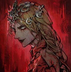 Rule 34 | 1girl, baldur&#039;s gate, baldur&#039;s gate 3, black lips, blonde hair, blood, blood on clothes, blood on face, bodysuit, circlet, dungeons &amp; dragons, from side, hair ornament, headpiece, highres, long hair, looking at viewer, low-tied long hair, orin the red, portrait, red background, red bodysuit, red theme, renshena, simple background, smile, solo, white eyes