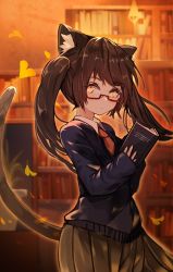Rule 34 | 1girl, animal ear fluff, animal ears, black skirt, blue sweater, blush, book, bookshelf, brown hair, cat ears, cat girl, cat tail, closed mouth, collared shirt, commentary request, ginkgo tree, ginkgo leaf, glasses, hands up, holding, holding book, leaf, long sleeves, looking at viewer, looking to the side, necktie, open book, orange eyes, orange necktie, original, pleated skirt, red-framed eyewear, rk (rktorinegi), semi-rimless eyewear, shirt, skirt, sleeves past wrists, solo, standing, sweater, tail, tail raised, twintails, under-rim eyewear, white shirt