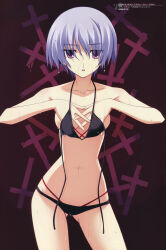 Rule 34 | 00s, 1girl, absurdres, armpits, bare shoulders, bikini, black bikini, breasts, chaos;head, collarbone, covering privates, covering breasts, green hair, highres, kishimoto ayase, matsuo yukihiro, navel, official art, open mouth, purple eyes, short hair, sideboob, small breasts, swimsuit, topless, untied bikini, water, water drop, wet