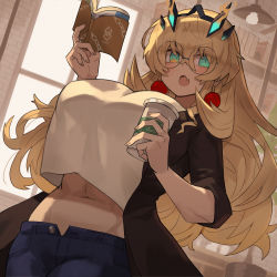 Rule 34 | 1girl, absurdres, blonde hair, blush, breasts, contemporary, earrings, barghest (fate), fate/grand order, fate (series), glasses, green eyes, highres, horns, jewelry, katsu (katsupainter), large breasts, long hair, looking at viewer, open mouth, solo, thighs