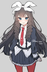 Rule 34 | 1girl, arms at sides, black gloves, black hair, blue eyes, blue jacket, blue skirt, blush, bow, collared shirt, drill hair, fingerless gloves, girls&#039; frontline, gloves, grey background, hair bow, howa type 64 (girls&#039; frontline), ikeuchi tanuma, jacket, long hair, long sleeves, looking at viewer, necktie, pantyhose, parted lips, pleated skirt, red necktie, red pantyhose, shirt, simple background, skirt, smile, solo, standing, untucked shirt, very long hair, white bow, white shirt, wing collar