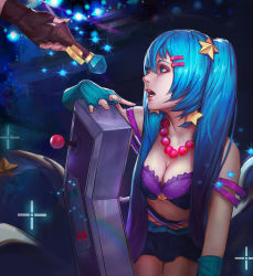 Rule 34 | 2girls, alternate costume, arcade (league of legends), arcade sona, bad id, bad pixiv id, black gloves, blue background, blue eyes, blue gloves, blue hair, bra, breasts, caitlyn (league of legends), cleavage, controller, elbow gloves, eyebrows, eyeshadow, fingerless gloves, fingernails, game controller, gloves, hair ornament, hair over shoulder, hairclip, highres, jewelry, joystick, league of legends, lips, long hair, looking at another, looking to the side, makeup, microskirt, midriff, multiple girls, navel, necklace, no shirt, off shoulder, open mouth, out of frame, purple bra, rabbit (tukenitian), sitting, skirt, solo focus, sona (league of legends), sparkle, star (symbol), star hair ornament, strap slip, teeth, twintails, underwear, very long hair