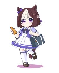 Rule 34 | 1girl, :t, absurdres, animal ears, bag, bow, braid, brown footwear, brown hair, carrot, chibi, closed mouth, colored shadow, commentary request, ear bow, food, frilled skirt, frills, full body, highres, holding, holding food, horse ears, horse girl, horse tail, kneehighs, looking at viewer, multicolored hair, nozo (hitomiz), pleated skirt, purple bow, school bag, school uniform, shadow, shoes, short hair, simple background, skirt, socks, solo, special week (umamusume), standing, standing on one leg, tail, tracen school uniform, two-tone hair, umamusume, white background, white hair, white skirt, white socks