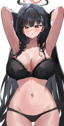 Rule 34 | 1girl, absurdres, armpits, black bra, black hair, black panties, blue archive, blush, bra, breasts, bright pupils, cleavage, cowboy shot, groin, hair ornament, hairpin, halo, highres, large breasts, long hair, looking at viewer, navel, panties, parted lips, red eyes, riel (ataraxia2334), rio (blue archive), simple background, solo, sweat, thigh gap, underwear, underwear only, white background, white pupils