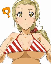 Rule 34 | 10s, 1girl, ?, bikini, blonde hair, breasts, closed mouth, collarbone, diagonal-striped bikini, diagonal-striped clothes, dressing, frown, girls und panzer, hair ornament, hair pulled back, hair scrunchie, hairband, large breasts, long hair, looking at viewer, nana (manaita koumuten), ponytail, raised eyebrow, red bikini, red scrunchie, sasaki akebi, scrunchie, simple background, solo, striped clothes, sweatdrop, swimsuit, trembling, upper body, white background, white hairband, yellow eyes