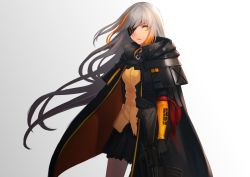 Rule 34 | 1girl, black gloves, black skirt, girls&#039; frontline, gloves, gradient background, gradient hair, grey background, grey hair, gun, highres, holding, holding gun, holding weapon, long hair, looking at viewer, m16, m16a1, m16a1 (boss) (girls&#039; frontline), m16a1 (girls&#039; frontline), multicolored hair, npt shizuka, open mouth, orange hair, simple background, skirt, solo, spoilers, standing, teeth, two-tone hair, weapon, yellow eyes