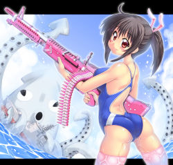 Rule 34 | 1girl, 7.62x51mm nato, ahoge, ammunition, ammunition belt, arched back, ass, belt-fed, blush, breasts, brown hair, competition swimsuit, covered erect nipples, destroyer, full-power cartridge, general-purpose machine gun, gun, hase yu, large breasts, letterboxed, lmg cartridge, looking back, m13 link, m60, machine gun, military, military cartridge, military vehicle, one-piece swimsuit, original, outside border, pink thighhighs, ponytail, red eyes, rifle cartridge, shiny skin, ship, short ponytail, skindentation, smile, squid, swimsuit, thighhighs, warship, water, watercraft, weapon, wet
