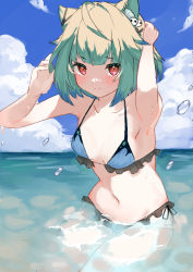 Rule 34 | 1girl, absurdres, ahoge, animal ears, bikini, blue bikini, blush, cat ears, cloud, cloudy sky, collarbone, colored tips, cowboy shot, frilled bikini, frills, green hair, hair ornament, hand on own head, hands up, highres, hololive, kemonomimi mode, looking at viewer, multicolored hair, outdoors, red eyes, short hair, sky, solo, swimsuit, takeno omoti, uruha rushia, virtual youtuber, wading, water, water drop