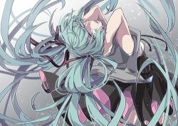 Rule 34 | 1girl, alternate costume, arms behind head, black skirt, blue eyes, blue hair, floating hair, from above, from behind, hatsune miku, head tilt, highres, long hair, looking to the side, rihiyaa, skirt, solo, vocaloid