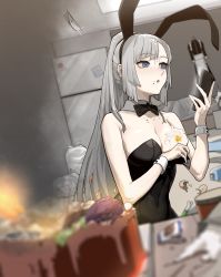 Rule 34 | 1girl, absurdres, animal ears, bare shoulders, black bow, black bowtie, blurry, blurry foreground, borrowed character, bow, bowtie, breasts, broken egg, cleavage, detached collar, egg, fake animal ears, food, food on body, food on breasts, food on face, glint, grey eyes, grey hair, hands up, highres, holding, holding phone, leotard, long hair, maid (gogalking), medium breasts, original, phone, playboy bunny, ponytail, rabbit ears, rusellunt, sidelocks, solo, very long hair, wrist cuffs