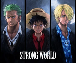 Rule 34 | 3boys, angry, black eyes, black hair, blonde hair, bolo tie, boyaking, cigarette, collared shirt, earrings, facial hair, formal, goatee, green hair, hair over one eye, hat, jewelry, male focus, monkey d. luffy, multiple boys, necktie, one piece, one piece: strong world, polka dot, polka dot shirt, red shirt, roronoa zoro, sanji (one piece), scar, shirt, simple background, smoking, spiked hair, standing, straw hat, suit, waistcoat