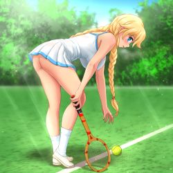 Rule 34 | 1girl, ass, ball, bare arms, bare shoulders, blonde hair, blue eyes, blue sky, blush, braid, breasts, covered erect nipples, day, dress, everlasting summer, full body, grass, hanging breasts, highres, huyase, large breasts, leaning forward, light rays, long hair, looking at viewer, no panties, original, outdoors, parted lips, racket, reaching, shoes, short dress, sky, slavya-chan, socks, solo, sparkle, sunbeam, sunlight, sweat, tennis ball, tennis racket, thighs, tree, twin braids, white dress, white socks
