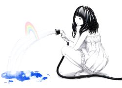 Rule 34 | 1girl, bare shoulders, black hair, blunt bangs, chemise, female focus, full body, head rest, hose, long hair, monochrome, no socks, original, partially colored, puddle, rainbow, sandals, simple background, sky, solo, sousou (sousouworks), spot color, squatting, water, white background