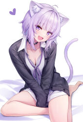Rule 34 | 1girl, :d, ahoge, animal ear fluff, animal ears, barefoot, breasts, cat ears, cat girl, cat tail, cleavage, deadnooodles, heart, highres, hololive, long sleeves, looking at viewer, medium breasts, nekomata okayu, nekomata okayu (oversized shirt), open mouth, purple eyes, purple hair, shirt, short hair, simple background, sitting, smile, solo, tail, thighs, virtual youtuber, white background, white shirt