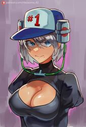 Rule 34 | 1girl, 2b (nier:automata), baseball cap, beer can, beer hat, black dress, blue eyes, breasts, can, cleavage, cleavage cutout, closed mouth, clothing cutout, dress, drink can, grey hair, hat, highres, juliet sleeves, large breasts, long sleeves, looking at viewer, mole, mole under mouth, nier:automata, nier (series), no blindfold, puffy sleeves, ribosoma 42, short hair, smitty werbenjagermanjensen, solo, spongebob squarepants (series)