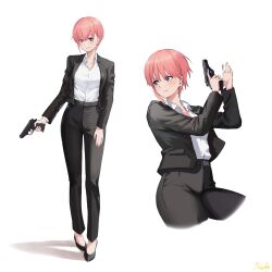 Rule 34 | 1girl, arm at side, black footwear, black jacket, black pants, collared shirt, commentary request, cowboy shot, cropped legs, full body, go-toubun no hanayome, gun, hair between eyes, handgun, high-waist pants, highres, holding, holding gun, holding weapon, jacket, light smile, looking at viewer, multiple views, nakano ichika, no socks, open clothes, open jacket, pants, pink hair, purple eyes, ricky (haye4843), serious, shirt, shirt tucked in, shoes, short hair, signature, simple background, weapon, white background, white shirt