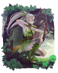 Rule 34 | 1girl, archery, armpits, arrow (projectile), bow (weapon), cape, drawing bow, dress, elf, fingerless gloves, gloves, high heels, holding bow (weapon), in tree, knife, leaf, pointy ears, shoes, solo, squatting, thighhighs, toes, tree, urasato, weapon, white hair, yellow eyes