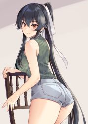 Rule 34 | 1girl, ass, black hair, blush, breasts, chair, closed mouth, from side, hair between eyes, hair ribbon, high ponytail, ichinomiya (blantte), kantai collection, large breasts, leaning, long hair, looking at viewer, ponytail, red eyes, ribbon, shorts, sleeveless, sleeveless turtleneck, smile, solo, tank top, turtleneck, very long hair, white ribbon, yahagi (kancolle)