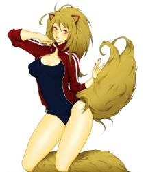 Rule 34 | ahoge, animal ears, black one-piece swimsuit, blush, brown hair, fur, grey eyes, long hair, no pants, one-piece swimsuit, open clothes, otama (umbilicalcord), school swimsuit, solo, swimsuit, swimsuit under clothes, tail, track suit