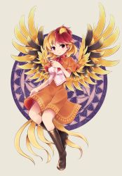 Rule 34 | 1girl, :3, animal, animal on head, bird, blonde hair, boots, chick, feathered wings, full body, highres, looking at viewer, multicolored hair, multicolored wings, nakukoroni, niwatari kutaka, on head, red eyes, red hair, shirt, short hair, short sleeves, solo, touhou, two-tone hair, white shirt, wings