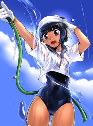 Rule 34 | 1girl, black hair, blush, brown eyes, crop top, ez6, gloves, head scarf, highres, hose, one-piece swimsuit, open mouth, original, sailor collar, school swimsuit, short hair, smile, solo, swimsuit, swimsuit under clothes, water, wet, wet clothes, white gloves