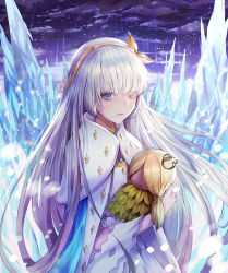 Rule 34 | 1girl, anastasia (fate), bad id, bad pixiv id, blue eyes, cape, cloud, cloudy sky, crown, doll, dress, eyes visible through hair, fate/grand order, fate (series), hairband, highres, holding, holding doll, ice, jewelry, long hair, looking at viewer, mini crown, royal robe, silver hair, sky, snow, snowing, solo, som2sol, standing, upper body, very long hair, white dress, winter