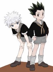 Rule 34 | 2boys, alternate costume, black hair, blue eyes, brown eyes, closed mouth, full body, gon freecss, grey sailor collar, grey shorts, hair between eyes, hands on own hips, hands on own knees, hunter x hunter, killua zoldyck, leaning forward, male focus, multiple boys, neckerchief, sailor collar, school uniform, shoes, short sleeves, shorts, simple background, spiked hair, standing, toreshi poi, white hair