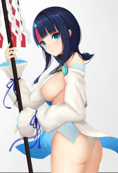Rule 34 | 1girl, abeen jhong, absurdres, ass, bare shoulders, black hair, blue eyes, blue ribbon, blush, breasts, collarbone, dress, fate/grand order, fate/requiem, fate (series), fundoshi, gradient background, grey background, highres, japanese clothes, jewelry, large breasts, long sleeves, looking at viewer, magatama, magatama hair ornament, medium hair, multicolored hair, necklace, open mouth, pelvic curtain, pink hair, polearm, puffy long sleeves, puffy sleeves, ribbon, seigaiha, short dress, sideboob, sideless outfit, spear, streaked hair, thighs, utsumi erice, weapon, white dress