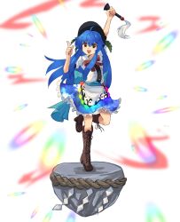 Rule 34 | 1girl, :d, ahoge, apron, black hat, blue hair, blue skirt, boots, bow, bowtie, brown footwear, commentary request, cross-laced footwear, danmaku, frilled skirt, frills, hat, highres, hinanawi tenshi, holding, holding sword, holding weapon, keystone, knee boots, leaf, long hair, open mouth, plus2sf, pointing, puffy short sleeves, puffy sleeves, rainbow gradient, red bow, red bowtie, red eyes, shirt, short sleeves, simple background, skirt, sky print, smile, solo, standing, standing on one leg, sword, sword of hisou, touhou, very long hair, waist apron, weapon, white apron, white background, white shirt