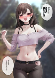 Rule 34 | 1girl, belt, black bra, blush, bra, breasts, brown hair, choker, collarbone, crop top, denim, head tilt, highres, japanese text, jeans, long hair, looking at viewer, midriff, navel, open mouth, original, pants, phone, purple eyes, short sleeves, sigmart03, small breasts, smile, solo, speech bubble, standing, stomach, translation request, underwear