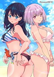 Rule 34 | 2girls, ass, ass-to-ass, back-to-back, bare legs, bikini, black bikini, black hair, blue bikini, blue eyes, blush, breasts, cleavage, day, from behind, gridman universe, highres, large breasts, layered bikini, light purple hair, long hair, looking at viewer, looking back, multiple girls, ocean, outdoors, red eyes, shinjou akane, shiny skin, short hair, smile, ssss.gridman, standing, swimsuit, takarada rikka, thighs, white bikini, yuuuun0218