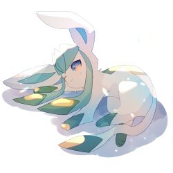 Rule 34 | blue eyes, blue hair, blush, closed mouth, creatures (company), game freak, gen 4 pokemon, glaceon, long hair, lxipceluceos5r6, lying, nintendo, one eye closed, pokemon, pokemon (creature), sidelocks, simple background, white background, wink