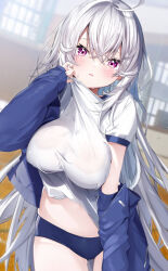 Rule 34 | 1girl, absurdres, ahoge, blue buruma, blue jacket, blurry, blurry background, breasts, buruma, commentary request, depth of field, gym shirt, gym uniform, hair between eyes, highres, indoors, jacket, kamioka shun&#039;ya, large breasts, long hair, long sleeves, looking at viewer, navel, off shoulder, open clothes, open jacket, original, parted lips, puffy short sleeves, puffy sleeves, purple eyes, shiori (kamioka shun&#039;ya), shirt, short sleeves, sleeves past wrists, solo, sweat, track jacket, very long hair, white hair, white shirt