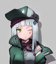 Rule 34 | 1girl, bad id, bad pixiv id, bare shoulders, black scarf, blue hair, blunt bangs, blush, buckle, coat, facial mark, girls&#039; frontline, green coat, green eyes, green hat, grey background, hat, hk416 (girls&#039; frontline), lips, long hair, looking at viewer, open clothes, open coat, qiancong, scarf, simple background, solo, straight hair, upper body, v-shaped eyebrows