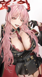 Rule 34 | 1girl, absurdres, armband, between breasts, black gloves, black jacket, black skirt, blue archive, bra, breasts, cleavage, demon horns, detached collar, garter straps, gloves, gokuama, halo, highres, horns, jacket, lace, lace-trimmed bra, lace trim, large breasts, long hair, looking at viewer, military jacket, miniskirt, mole, mole on breast, necktie, necktie between breasts, orange eyes, pencil skirt, pink hair, red bra, red horns, red necktie, satsuki (blue archive), skirt, solo, underwear, very long hair