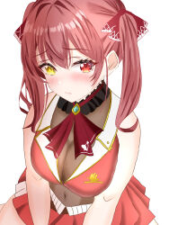 Rule 34 | 1girl, bare shoulders, fawn, heterochromia, highres, hiro04607950, hololive, houshou marine, houshou marine (1st costume), looking at viewer, red eyes, red hair, simple background, solo, virtual youtuber, yellow eyes