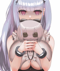 Rule 34 | 1girl, a (yyyaa), azur lane, blunt bangs, breasts, clothing cutout, commentary request, covered mouth, crying, crying with eyes open, dido (azur lane), doll, earrings, frilled shirt, frills, highres, holding, holding doll, jewelry, large breasts, long hair, pink eyes, shaded face, shirt, silver hair, simple background, sirius (azur lane), sleeveless, solo, tears, underboob, underboob cutout, upper body, white background, wrist cuffs