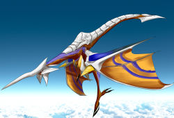 Rule 34 | above clouds, bad id, bad pixiv id, blue skin, cloud, cloudy sky, colored skin, dragon, dragon tail, flying, horns, no humans, panzer dragoon, single horn, sky, solo, tail, wings