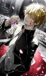 Rule 34 | 1boy, absurdres, artist name, bikkusama, black jacket, blonde hair, blood, blood on clothes, blood on face, blood on hands, cropped jacket, fate/stay night, fate/unlimited blade works, fate (series), flower, gilgamesh (fate), glance, highres, holding, holding flower, jacket, light, long sleeves, looking at viewer, male focus, official alternate costume, open clothes, open jacket, petals, pink flower, pool of blood, red eyes, scene reference, shirt, signature, smile, solo, upper body, white shirt