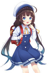 Rule 34 | 10s, 1girl, :d, absurdres, ahoge, backpack, bad id, bad pixiv id, bag, beret, blue dress, blue eyes, blush, brown hair, commentary request, dress, fang, finger to mouth, fingernails, hand up, hat, highres, hinatsuru ai, holding, layered sleeves, lebring, long hair, long sleeves, looking at viewer, low twintails, neck ribbon, open mouth, puffy short sleeves, puffy sleeves, randoseru, ribbon, ryuuou no oshigoto!, school uniform, short over long sleeves, short sleeves, sidelocks, simple background, sleeves past wrists, smile, solo, twintails, very long hair, white background, white hat, yellow ribbon