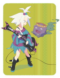 Rule 34 | 10s, 1girl, :d, \n/, ^ ^, bare shoulders, bass guitar, black legwear, blue eyes, boots, cable, closed eyes, combat boots, creatures (company), dress, eye contact, fangs, feille, flat chest, freckles, front ponytail, game freak, gen 1 pokemon, green background, guitar, gym leader, hair bobbles, hair ornament, happy, holding, instrument, knee boots, koffing, long sleeves, looking at another, music, nintendo, object on head, off shoulder, open mouth, platform footwear, playing instrument, plectrum, pokemon, pokemon (creature), pokemon bw, polka dot, polka dot background, roxie (pokemon), shadow, short dress, short hair, skull and crossbones, smile, smoke, spiked hair, standing, striped background, striped clothes, striped dress, tambourine, topknot, white hair, wide sleeves