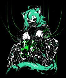 Rule 34 | !, 1girl, ahoge, android, andyface, animal ears, black background, black sclera, breasts, colored sclera, ear piercing, fur, green hair, highres, large breasts, long hair, original, piercing, ribs, skeleton, solo, spine, symbol-shaped pupils, tail