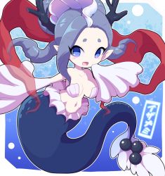 Rule 34 | 1girl, antlers, blue eyes, blush stickers, breasts, character name, female focus, grey hair, horns, izanami (youkai watch), looking at viewer, mermaid, monster girl, navel, nollety, open mouth, pointy ears, shell, shell bikini, solo, youkai watch