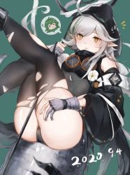Rule 34 | 1girl, :&lt;, ahoge, ajiu (ajiuyaa), arknights, ass, bare shoulders, black bra, black panties, black shirt, black sleeves, black thighhighs, bra, breasts, crocodilian tail, dated, detached sleeves, feet out of frame, gloves, goggles, goggles around neck, green hair, grey gloves, highres, holding, holding staff, hood, hood up, hooded shirt, looking at viewer, multicolored hair, panties, partially fingerless gloves, pointy ears, see-through, see-through shirt, shirt, short hair, sidelocks, small breasts, solo, staff, streaked hair, tail, thighhighs, thighs, tomimi (arknights), torn clothes, torn thighhighs, underwear, yellow eyes