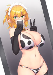 1girl animal_print bell bikini black_gloves black_thighhighs blonde_hair breasts cellphone commentary_request cow_print cow_print_bikini cowbell cowboy_shot dutch_angle elbow_gloves elf etan14 gloves green_eyes hair_between_eyes hands_up highres holding holding_phone huge_breasts looking_at_viewer maid_headdress o-ring o-ring_bikini original phone pointy_ears print_bikini selfie smartphone solo standing swimsuit thighhighs v