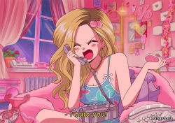 Rule 34 | 1990s (style), 1girl, antique phone, bedroom, blonde hair, brown hair, character request, check character, closed eyes, earrings, hanavbara, holding, holding phone, indoors, jewelry, long hair, mole, mole under eye, multicolored hair, nail polish, open mouth, phone, pink nails, real life, retro artstyle, rotary phone, solo, sunmi, window